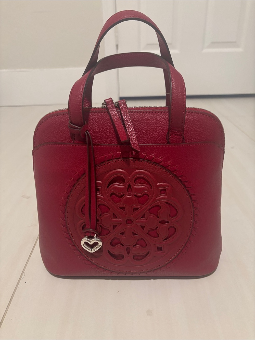 Brighton Red Leather Satchel with Laser-Cut Medallion and Heart Charm
